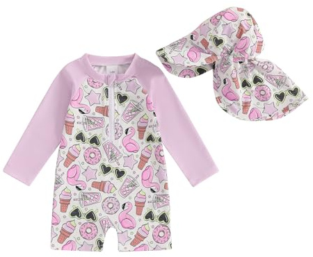 Toddler Baby Girl Swimsuit and Hat Zip Up Long Sleeve All in One Swimming Costume UV Sun Protection Swimwear One Piece Swimming Suit Rash Guard Sunsuit (Animal Flamingo Light Purple, 2-3 Years)