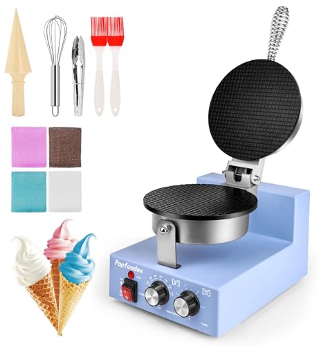 Popfoodex Commercial Waffle Cone Maker - 1200W Commercial Ice Cream Cone Maker w/ 8’’ Non-stick pan and 122–572°F Adjustable Temp, Waffle Cone Maker Machine w/Shaper Roller and Timer, for Restaurants