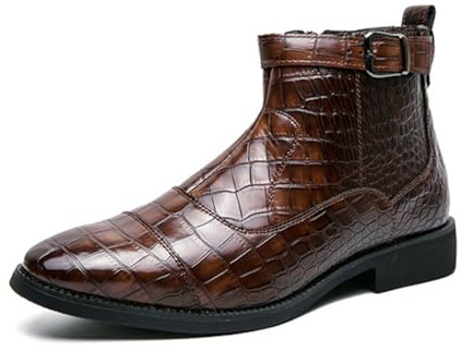 ENWIND Botines Chelsea De Cuero Estampado con Cremallera Lateral para Hombre Botas Monk De Tacón Bajo Botines De Vestir Casuales con Hebilla,Marrón,41 EU