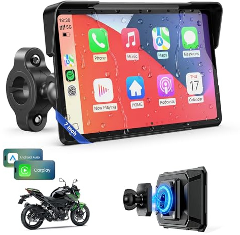 WonVon 7 Pulgadas CarPlay para Motocicleta Sistema de Navegación GPS con Apple CarPlay y Android Auto Pantalla Portátil con Doble Bluetooth, Navegación, Siri, Asistente de Google Soporte magnética