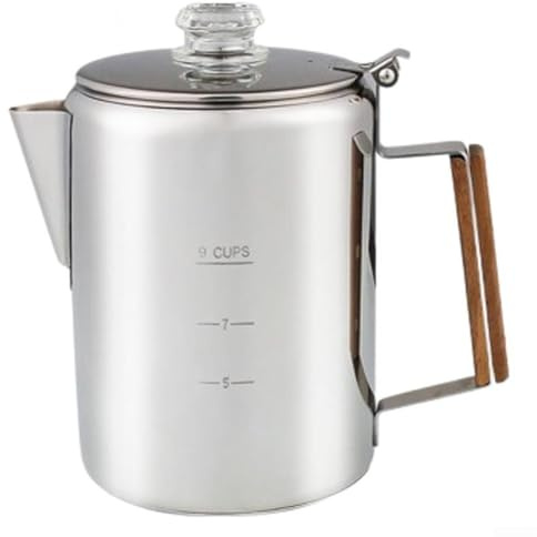 Cushteg rostfritt stål kaffe perkolator kanna för camping, 9 koppar spishäll och för lägereldskompatibel, induktionssäker med värmebeständigt lövträhandtag
