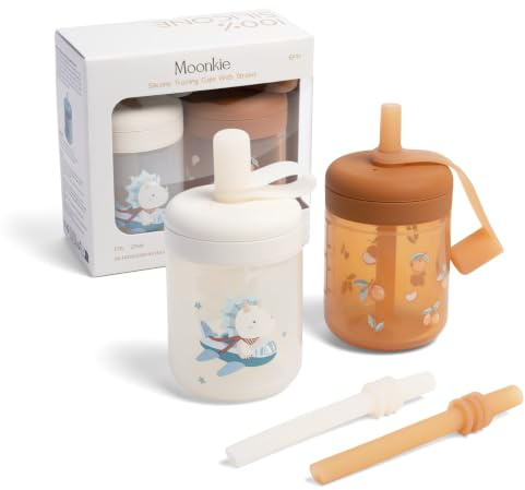 Moonkie Pipmugg Baby med Sugrör i Silikon, 2-pack Barnmugg 150 ml från 6 Månader, Spillfri Mugg med 2 Sugrör för Olika Flöden, Lock och Måttmarkeringar, BPA-fri, Tål Diskmaskin