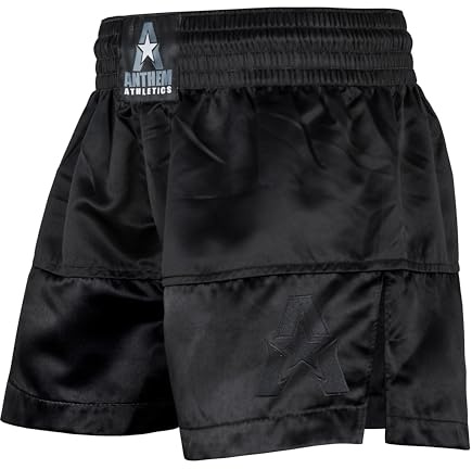 Anthem Athletics Muay Thai Shorts - 3 Inseam Muay Thai Shorts Men and Women with 2.5 Elastic Waistband - Machine Washable & Dryer-Ready, Great as Boxing Trunks or Kickboxing (Large, 50/50 - Black)