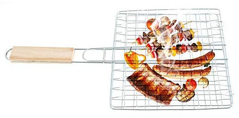 Jetcloud Barbecue Grilling Basket, Stainless Steel Fish Grill Basket with Removable Wooden Handle, Folding Portable Barbecue Rack Grill Accessories for Fish Vegetables Steak Shrimp Chops