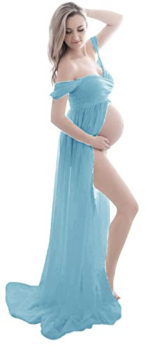FEOYA - Mammaklänning för fotografering, bälte i chiffong, fotorekvisita med blomma, brudbälte/strassbälte för kvinnor, graviditet, baby shower, bröllop, fest, Ljusblått, M