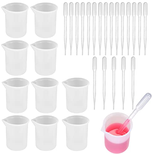 10 x 100ml Silikonmätkopp, Antihaft Blandningsmugg, Graduerad Silikonform för Epoxiharts Gjutform, inklusive 20 Pipetter