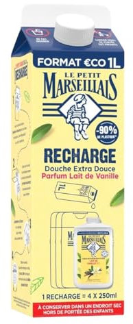 Le Petit Marseillais- Recharge Crème de Douche Extra Douce Lait de Vanille Bio (brique de 1 L)– Recharge gel douche avec 92 % d'ingrédients d'origine naturelle– pH neutre pour la peau et sans colorant
