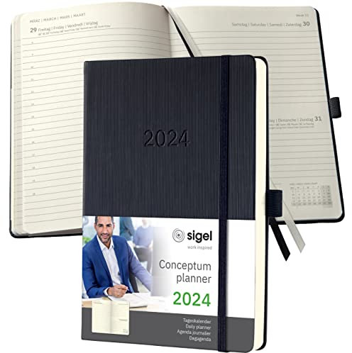 SIGEL C2410 Terminplaner Tageskalender 2024, ca. A5, schwarz, Hardcover, 400 Seiten, Gummiband, Stiftschlaufe, Archivtasche, PEFC-zertifiziert, Conceptum