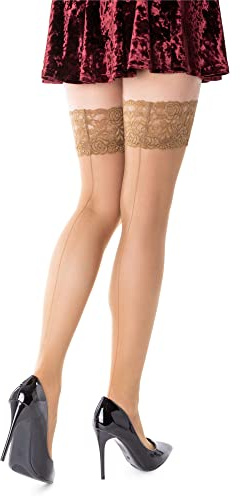 NOQ Penélope - Calze per donna con cucitura sulla schiena, coscia alta, 15 DEN in stile notturno, sexy con nastri di pizzo, lingerie per donna, beige, M
