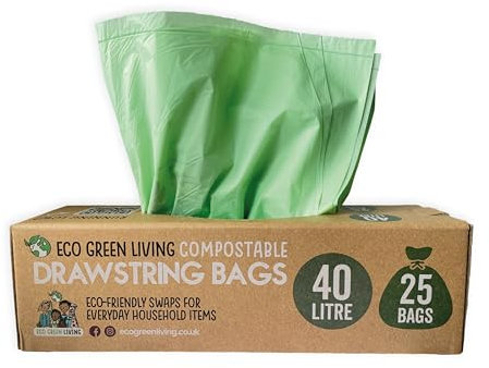Eco Green Living 40 Litre Drawstring Bin Liners, Plastic Free, Strong and Leak Proof Refuse Sacks, Large Bin Bags for Food Waste Bin, Drawstring Garbage Bags, 25 Bags