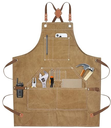 Yxiang Arbeitsschürze mit Werkzeugtaschen, voll verstellbar, um bequem zu passen, Herren, Größe S bis XXL, robuste Werkzeugschürze für Holzarbeiter, Mechaniker, Schmiede, Tischler, Khaki, Einstellbar