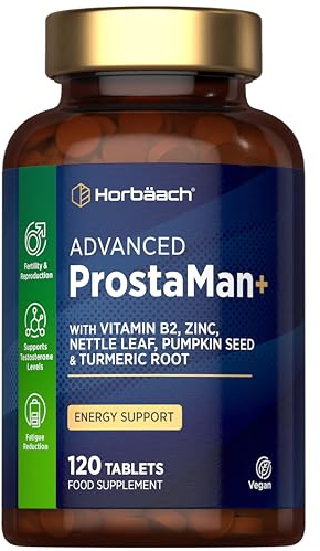 ProstaMan+ Supplement for Men | Complex Formula with Pumpkin Seed, Nettle Leaf, Vitamin B2, Zinc and Turmeric Root | 120 Vegan Tablets | by Horbaach