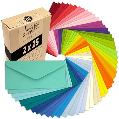 Japun – 50 farbige Briefumschläge im Set (2 x 25 Farben) aus Papier, Kuvert, Umschlag ohne Fenster - din lang - 220 x 110 mm - 120 g/m² - bunt