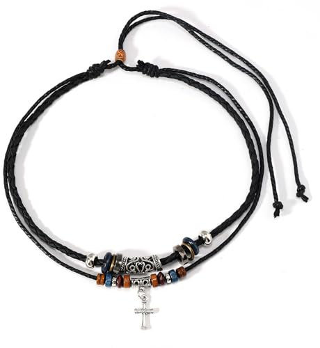 Lucktao Surferkette Herren,Boho Schmuck Lederkette Herren,Anhänger Halskette Leder Herren Damen Surferkette,Kreuz Kette Herren,Ancient Tribe Halskette,Surfer Halskette mit Kokosnuss Perlen,Holz Perlen