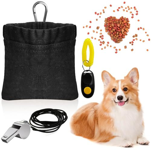 Prebarfun Leckerlibeutel für Hunde, Freihändige Futterbeutel Hundetraining, Leckerlitasche für Hunde mit Automatischem Verschluss, Hundeleckerli Tasche mit Karabiner, Hunde Clicker, Pfeifen (Schwarz)