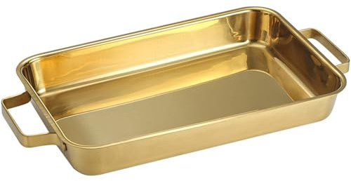 Hgjgwqh Rectangle Spanish Paella Pan, 304 Stainless Steel Skillet Pan with Dual Handles, Non-Stick Food Plate Dinner Server Pans Seafood Pans for Home Cooking Cookware Kitchen,Gold,38cm/15inch