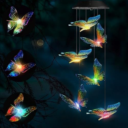 Campanilla de Viento Mariposa Solar, LED Campanillas De Viento Solar Que Cambian De Color, Impermeable Solar Luces Decoración para Jardín, Patio, Navidad Regalos, Mujeres Día de la Madre