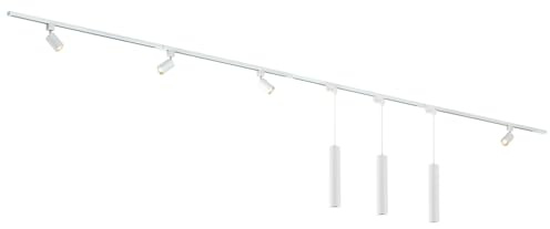 Qub Focus III - Sistema completo di binari LED a 1 fase, 400 cm, set di 4 faretti e 3 lampade a sospensione, 4 x guide da 1 m, forma a I, compatibile con GU10 e LED, espandibile e flessibile, colore