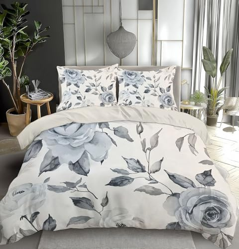 MULERN Duvet Cover Set Double, Ink Bedding Set 3 Pieces, Gray Blue Rose Reversible Bedspread Microfiber Bedding Covers, Cream Soft Luxury Quilt Cover with Zipper