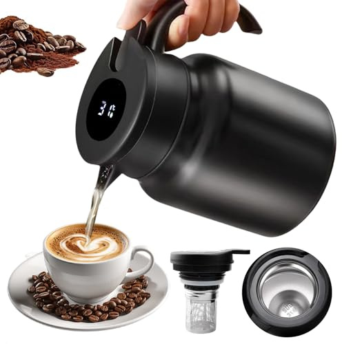 Termo de 1 litro con colador de té, jarra térmica con indicador de temperatura, jarra de café (sin fugas, sin gotas), cafetera bien sellada, para café, té y leche