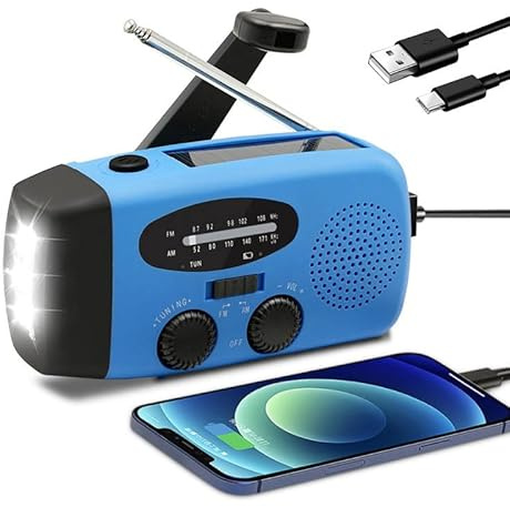Radio Solar de Emergencia con Palanca – Linterna con 3 potentes Luces LED, Alarma SOS, Carga: USB, Manivela y Energía Solar | Am/FM | Batería Recargable de 2000 mAh | Sin Pilas (Azul)