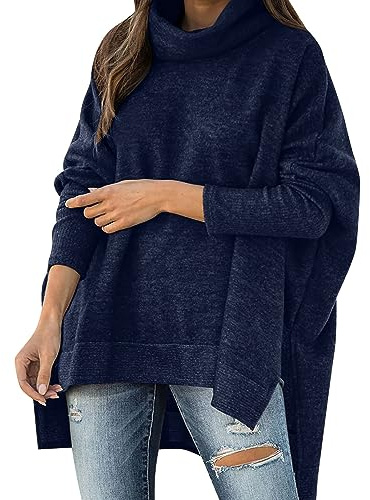 Jersey de cuello alto para mujer, de gran tamaño, jersey de invierno de cuello alto, de manga larga, suéter de punto de ajuste holgado, de un solo color, jersey casual, blusa larga, jersey cálido de