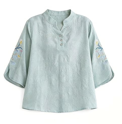 Camisetas de algodón y lino de manga 3/4 para mujer, bordadas, estilo Henley, blusas casuales con botones, camisetas gráficas texturizadas de verano