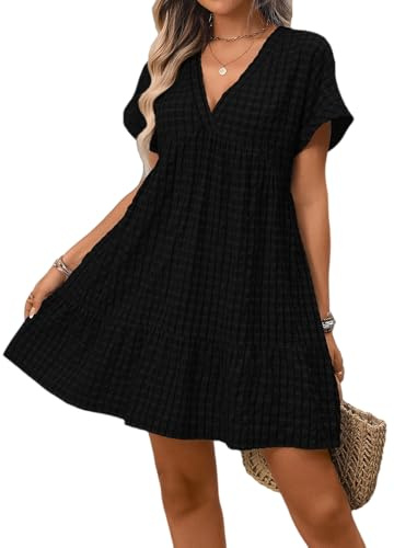 LCDIUDIU Robe Vichy pour Femme, Robe Courte Fluide À Col V Et Manches Retroussées, Coupe Trapèze, Idéale pour L'Été, Les Vacances La Plage Ou Une Soirée. Parfaite pour La Plage Ou Une Sortie