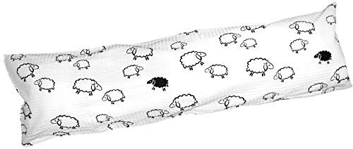 Heubergshop Seersucker Seitenschläferkissen Bezug 40x145cm - Kleine Schafe und Lämmer in Weiß/Schwarz - 100% Baumwolle Stillkissenbezug (SB-99/2)