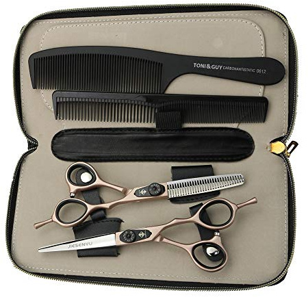JIESENYU Tijeras de peluquería de 6 pulgadas, oro rosa, tijeras de pelo de letras negras de tornillo de peluquería profesional juego de tijeras de peluquería