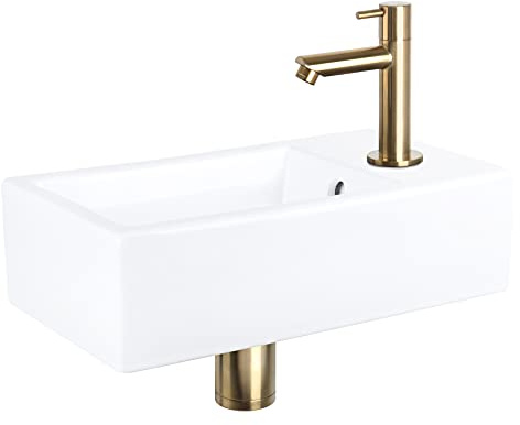 Differnz Force Lavabo - Lave main Céramique Blanche Brillante - Robinet Droit Or Mat - Ensemble Complet - 40 x 22 x 11,5 cm