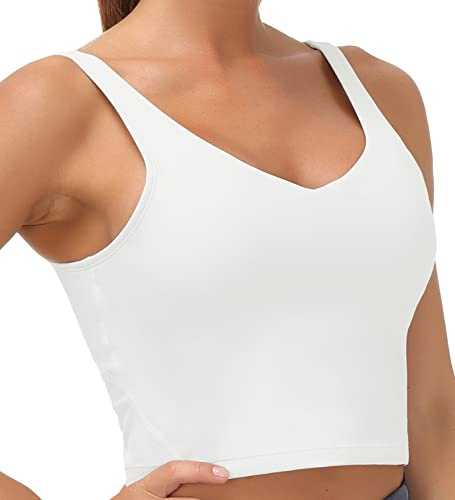 Women’s Longline Sports Bra Wirefree Padded Medium Support Yoga Bras Gym Running Workout Tank Tops (Off-White, Medium, m)