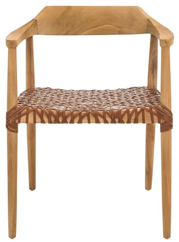 SAFAVIEH Home Collection Munro Natural Teak Wood/Light Honey Leather Woven Accent Chair (Fully Assembled)