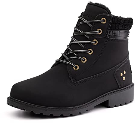 Winter Boots Women Ankle Boots Ladies Snow Boots Cushioned Wide Lace Up Rubber Ankle Boots Comfy Non Slip Warm Cosy Boots Black Size 4 UK