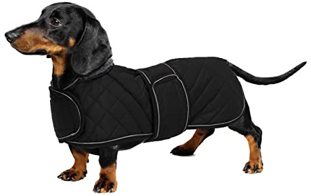 Geyecete Warm Thermal Quilted Dachshund Coat, Dog Winter Coat with Warm Fleece Lining, Outdoor Dog Apparel with Adjustable Bands-Black-XS