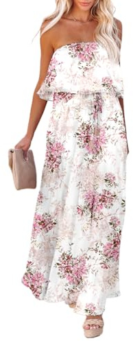 Dokotoo Boho Beach Dresses for Women Strapless Side Split Sexy Dresses High Waist Flowy Maxi Dress Off The Shoulder Sun Dresses Women Summer Casual Pink