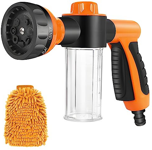 Garden Hose Spray Gun, Orange Adjustable Foam Spray Gun with Soap Dispenser, 8 Patterns High-Pressure Sprayer with Reservoir for Watering Car Washing Pet Bathing Fertiliser Lawn/Garden