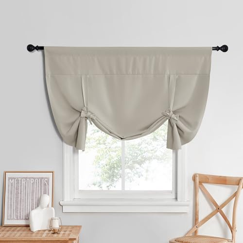 NICETOWN Small Window Curtains for Bathroom Blackout Thermal Insulating Tier for Kitchen - Short Rod Pocket Tie Up Curtains for Kitchen, 1 PC, 52 W x 45 L, Natural