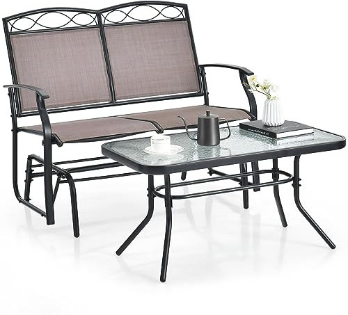 GIANTEX Gartenbank Schaukelbank 2 Sitzer mit Couchtisch, Gartenschaukel Sitzbank Metall & Textilene, 2er Set Gartenmöbel Balkonmöbel Set Balkonset Schaukel Bank Garten, Gartengarnitur Sitzgruppe