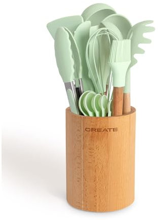 CREATE/Set de utensilios verde y madera / 11 utensilios, silicona y madera de haya, libres de BPA, resistente al calor hasta 230°C