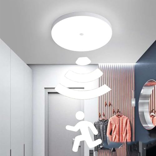 Plafonnier étanche, avec détecteur capteur de mouvement Lampe de Plafond LED Rond, intérieure lampe de salle de bain ronde carré 20W pour cuisine Cuisine Chambre Couloir, Blanc froid (Rond (20W))