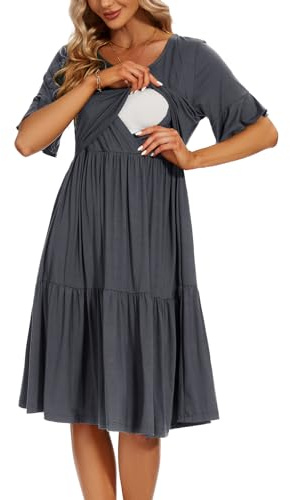 Smallshow - Vestito premaman e per l'allattamento da donna, a maniche corte, con ruches, Grigio scuro, XL