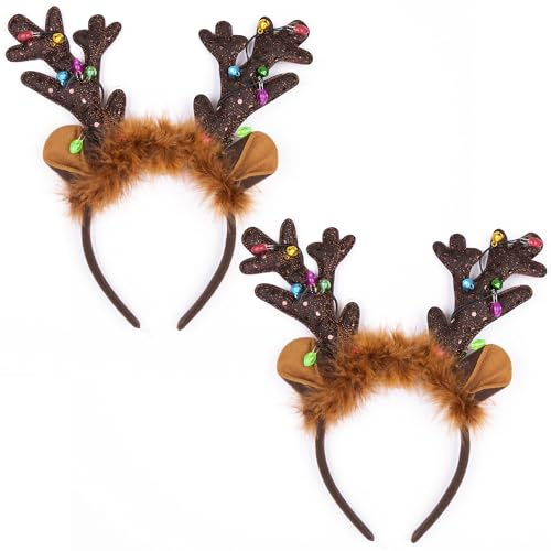 ArtCreativity Light Up Christmas Reindeer Headbands - Set of 2 - Christmas Reindeer Antlers Headband Set - Reindeer Ears Headbands with LED Lights and Jingling Bells - Christmas Gifts for Kids