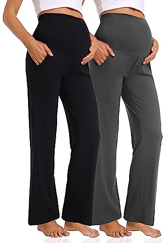 Gowjog 2 Packs Pantalones De Maternidad para Mujer, Pierna Ancha, Pierna Recta sobre El Abdomen, Pantalones De Embarazo con Bolsillos (Negro/Gris Oscuro,XL)