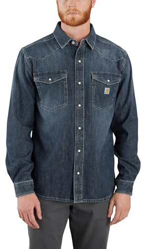 Carhartt Herr 106429 Montana avslappnad passform mellanvikt denim långärmad snapFron