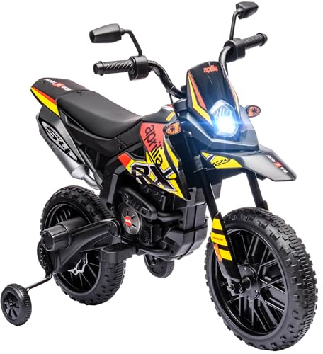 AIYAPLAY 12V Kids Motorcycle, Aprilia Licensed Electric Motorbike with Training Wheels, Spring Suspension, LED Light, Music, USB, Kids Electric Bike for Boys, Girls, Yellow/Black