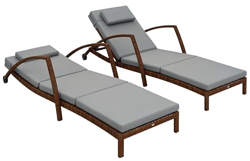 Outsunny Wicker Chaise Lounge Chair Outdoor Set of 2, 5-Position Adjustable Reclining Pool Lounge Chairs with Wheels, Rattan Outdoor Lounger with Cushion, Armrests for Poolside Beach Backyard, Gray