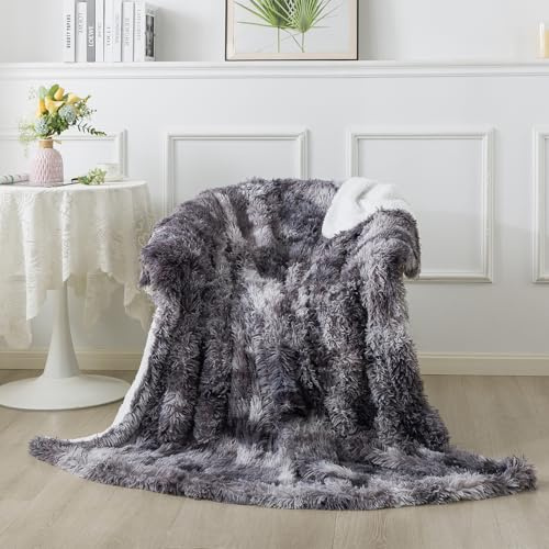 DJDEA Faux Fur Grey 130 x 160 CM Throw Blanket, Shaggy Long Hair Washable Decoration Blankets, Warm and Lightweight Throws for Sofa, Couch and Bed
