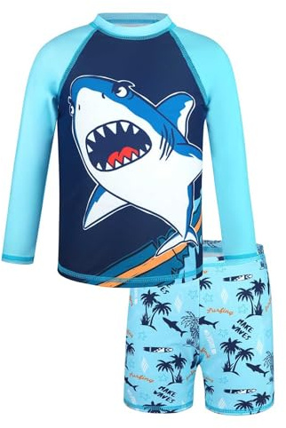 Generisch Traje de baño infantil de dinosaurios de dos piezas para niños con estampado shrk y tropical | manga larga rashguard y bañador con protección solar 50+ 3 1 impresión, azul, 6-7 años