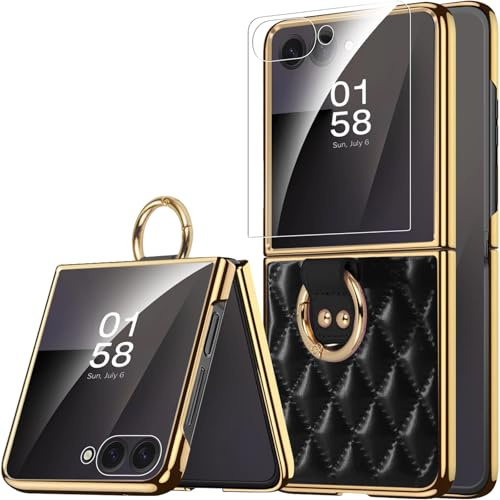 Miimall Funda para Samsung Galaxy Z Flip 7 con Anillo, [Protector de Pantalla] Lujo Funda de Piel Flip 7 para Mujer y Niña, Capa Flip7 Antigolpes Antiarañazos Bonita Cute Carcasa para Z Flip7, Negro